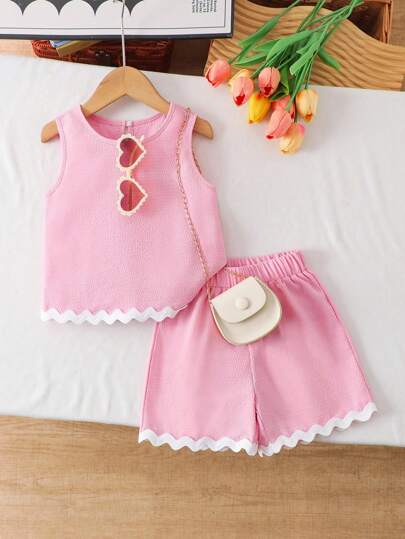 Elladie kids Young Girls Textured Fabric Contrast Hem Sleeveless Top & Casual Shorts T-Shirt Set