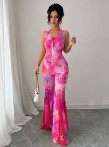 Elenzga Lace Jumpsuit With Floral Print And Gold Chain Necklace (Random Cut) Halter Jumpsuits For Women Jumpsuits For Women Summer Tie Dye Jumpsuits For Women Wide Leg Jumpsuits For Women