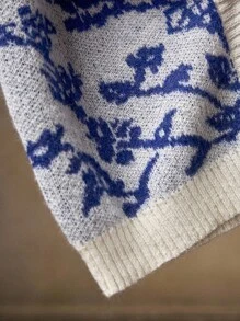 Business Casual AKNOTIC Men's V-Neck Button Cardigan,Light Blue Floral Floral Crochet Knitted Jacket,Autumn Elegant Holiday French Contrast Pattern Sweater For Fall - Blue and White - View 8