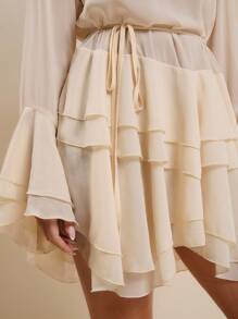Women's Elegant Vacation Transparent Ruffle Hem Short Dress, Four Seasons - Apricot - View 7