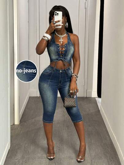 Slaydiva Women's Distressed Tie-Front Denim Blouse  Summer Outfits For Women Corset Tops For Women Going Out Tops Women Going Out Tops