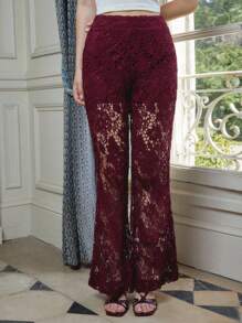 lacRébo Elegant Burgundy Floral Lace Flared Pants Vacation Outfits Going Out Pants Autumn Pants Spring Women Clothes Spring Summer - Burgundy - View 4