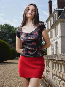 lacRébo Black Fitted Top With Red Rose Print With Square Neckline And Ruched Front Cute Spring Top Spring Summer - Multicolor - View 7