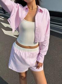 SHEIN Bộ áo sơ mi kẻ sọc và quần short màu tương phản cho bé gái tuổi teen, thường ngày, ngày lễ, đồ mặc ở nhà - Hồng - Xem 6