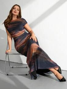 SHEIN Tall CURVE Robe longue avec imprimé tie dye élégante et coupe queue de poisson pour grandes tailles, robes de soirée pour femmes - Multicolore - Voir 5