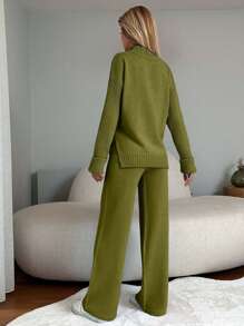 EURMUSE 2pcs Women High Neck Batwing Long Sleeve Sweater And Long Pants Casual Set - Olive Green - View 2