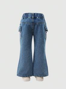 SHEIN 少女中色水洗牛仔喇叭褲，刺繡蝴蝶結設計，時尚可愛風格，秋冬休閒日常穿搭 - 中等水洗藍 - 查看 2