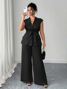 Elenzga 大码女装春夏优雅不对称翻领开襟西装外套配腰带和阔腿裤两件套黑色女式裤套装女式裤套装黑色优雅两件套裤套装女式两件套女式优雅 - 黑色 - 查看 1