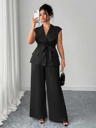 Elenzga Plus Size Women's Spring/Summer Elegant Asymmetrical Lapel Open Blazer With Belt & Wide Leg Pants 2pcs Set Black Pantsuit Women Womens Pantsuit Black Jumpsuit Women Elegant Two Piece Pantsuit Women Two Piece Set Women Elegant