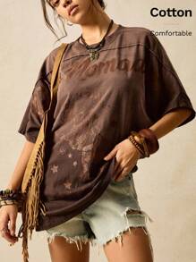 Easelle Women's Fashion Boho Round Neck Batwing Sleeve Coffee Brown Knit T-Shirts With Print For Summer Outfits Western Nomadic Graphic Tees