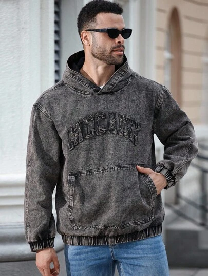 Manfinity Homme Plus Size Men's Casual Outdoor Fashion Long Sleeve Denim Jacket , Men Acid Wash Hoodie, Fall