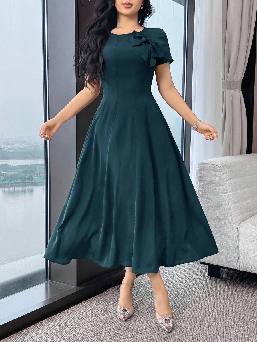 Feyla Đầm dài vừa phải trang trí nơ màu trơn thanh lịch cho nữ - Màu xanh ngọc - Xem 1