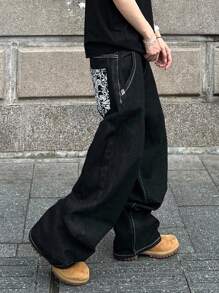 PAVTROS Manfinity Streetrush Street Fashion Print Men's Plus Size Denim Jeans Streetwear Pants Men Baggy Jeans Men College Hang Out Urban Street, Grunge