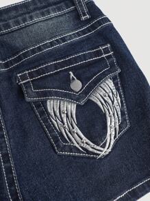 SHEIN Girlism Teen Girls Y2K Solid Washed Low Rised Skinny Denim Jeans Mini Shorts With Letter Wing Embroidered Pocketed,Summer Boho Beach Concert Rave Festival Outfits,Summer Cute Shorts Boho Beach Concert Rave Festival Streetwear Outfits,Girls Graduation Summer Vacation Outfits - Dark Wash - View 3