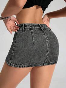 SHEIN PETITE 女士休闲百搭牛仔紧身迷你裙 - 黑色 - 查看 2