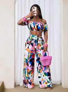 BamGleam Set 2 bucăți/set pentru femei, vară, casual, vacanță, culori contrastante, imprimeu botanic, mâneci bufante, camisol cu umăr gol și pantaloni largi, îmbrăcăminte de vară pentru femei, ținută de vacanță relaxată