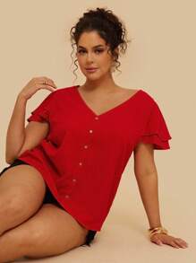 SHEIN VCAY Camisa de vacaciones con escote en V, de manga corta y de doble capa con volantes para tallas grandes