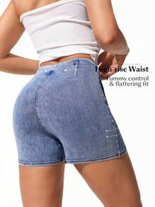 SHEIN Essnce Women's Summer Casual Washed Denim Wrap Shorts - Blue - View 2
