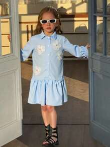 Robe chemise à volants avec imprimé floral pour jeune fille