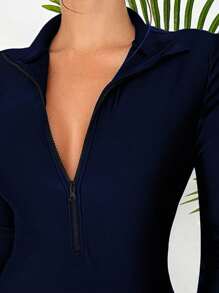 Swim SPRTY Women's Minimalist Solid Color Zipper-Up Fitted One-Piece Swimsuit, Suitable For Spring/Autumn Beach Vacation For Summer - Navy Blue - View 3