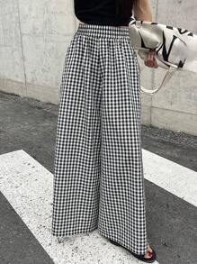 DAZY Spring And Summer Checked High Waist Wide Leg Pants With Elastic Waistband Plaid - Black - View 8