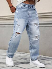 Manfinity LEGND Men's Loose Fit Ripped Washed Denim Jeans - Light Wash - View 3