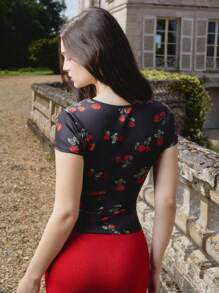 lacRébo Black Fitted Top With Red Rose Print With Square Neckline And Ruched Front Cute Spring Top Spring Summer - Multicolor - View 8