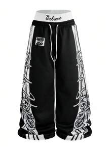 Men's INS Matching 2 In 1 Distressed 4-Stripe Street Pattern Casual Pants, Loose Fit, Black & White Color Block, Gift For Boyfriend/Husband, Anniversary