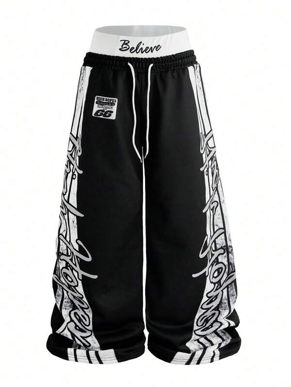 Manfinity EMRG Men's Street INS Combo Waistband 2 In 1 Distressed Four Stripes Street Graphic Casual Pants, Loose Fit, Black & White Color Blocking Gift For Boyfriend/Husband, Anniversary , Hip Hop Pants , Graphic Basketball ,