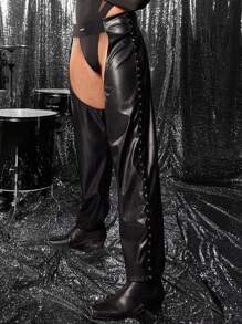 FeverCity Herren einfarbige Hose mit Ausschnitt-Design aus PU-Leder, Herbst/Winter