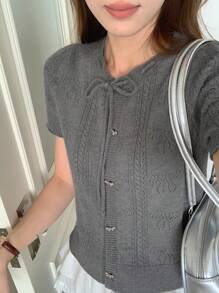 Livesso 女式夏季圆领针织开衫，带蝴蝶结，秋装 - 灰色 - 查看 7