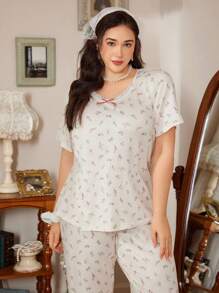 CottageSlumber CottageSlumber Cute Sweet Ditsy Floral Lace Collar & Bow Plus Size Women Short Sleeve Top And Pants Sleepwear Set, Soft And Comfortable Milk Silk Fabric, Outfits  Cozy And Elegant Details