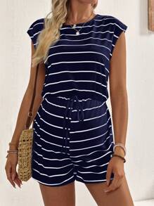 SHEIN Pregnant Women Striped Round Neck Dolman Sleeve Drawstring Waist Casual Jumpsuit - Navy Blue - View 3