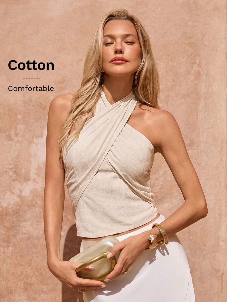 Lavishia Blusa de lino con cuello halter para vacaciones y playa, ropa de verano estilo Y2K para mujer - Albaricoque - Ver 1
