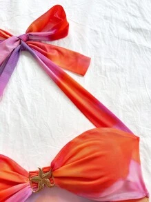 Soleia 女士度假针织网眼日落渐变印花露背系带修身背心，适合海滩度假、城市旅行、音乐节、派对、波西米亚风的休闲装 - 橘色 - 查看 6