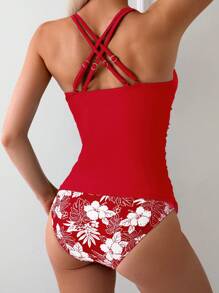 Swim Lushoire 女式夏季海滩度假热带印花褶饰交叉后背坦基尼泳衣 - 紅色 - 查看 2