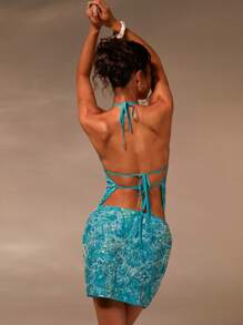 Athîral Women's Fashionable Sequin Decor Mini Skirt, Summer,Autumn,Y2k Style,Vintage Style,Holiday,Vacation - Blue - View 4