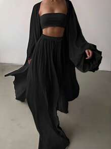 INAWLY Bộ 2 món trang phục thường ngày màu trơn lãng mạn cho kỳ nghỉ cỡ lớn dành cho nữ - màu đen - Xem 1