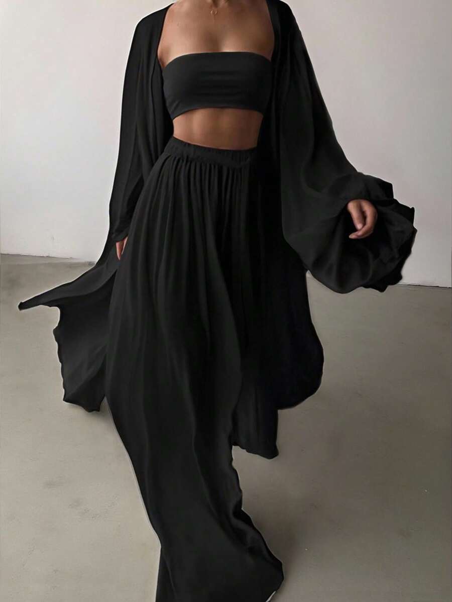 INAWLY Bộ 2 món trang phục thường ngày màu trơn lãng mạn cho kỳ nghỉ cỡ lớn dành cho nữ - màu đen - Xem 1