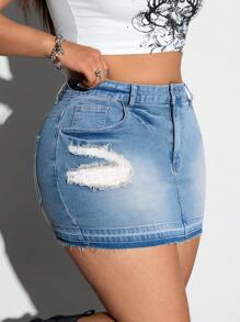 Jeanoix 大码休闲水洗做旧迷你牛仔裙 - 藍色 - 查看 5