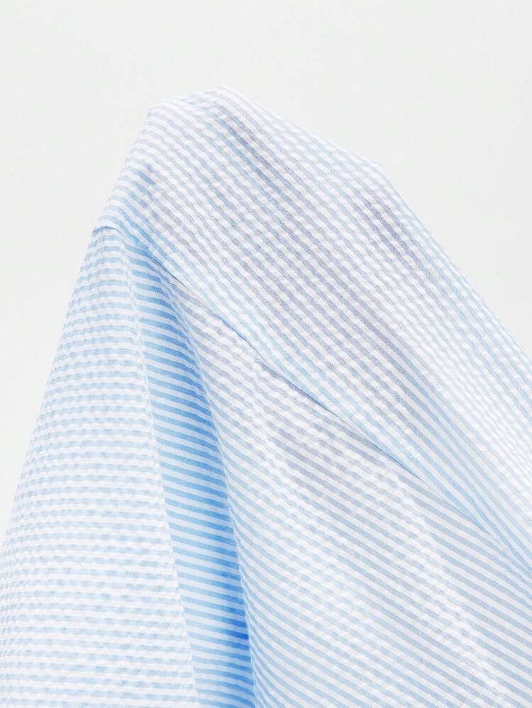 SHEIN Maija Women's Casual Striped Floral Embroidery Button Front Dress, Summer,Embroidered Flower Decoration, Petal Hollow Design, Blue And White Stripes, Bubble Wrinkle Texture Fabric, Shirt Lapel, Sleeveless, Waist Design, Slimming And Figure-Hugging, Comfortable And Slim Fit, All-Match Summer Women's Clothing For All Seasons Business Casual Women's Wear, Office Wear, Low-Key Old Money Style, Effortless Temperament, High-End Urban Commuting, The Same Style As The Editor-In-Chief Of The Magazine, Urban Social Vacation Party Wear, Charming, Low-Key And Durable Basic Style, Versatile And Not Picky Clothing, Street Fashion Wear, Clothing, Coffee Shop, Relaxed Wear  Blue And White Striped Top Blue And White Top Blue Top Striped