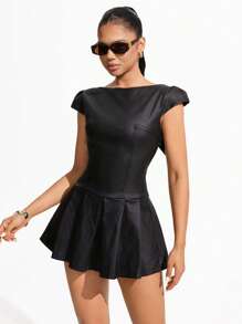 INAWLY Women's Black Bow Design Coated Elastic Bodycon Round Neck Sexy Backless Dress - Black - View 6