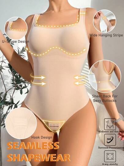 1pc Women Seamless Bodysuit With Tummy Control And Crotch Strap, Slim Shapewear