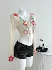 SHEIN Unity Cardigan scurt, elegant, cu imprimeu floral și noduri, pentru femei - Multicolor - Vizualizare 3