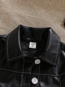 Elladie kids 两件套女童休闲黑色翻领PU皮夹克，饰有蝴蝶结，柔软短款PU皮夹克，适合年轻女孩休闲穿着，春秋季返校季皆宜，四季皆可穿着。 - 黑色 - 查看 6