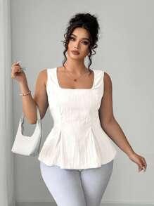 Elenzga Plus Size Women's Crew Neck Elegant French Style A-Line Waisted Blouse - White - View 3