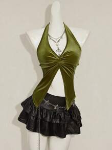 SHEIN ICON 优雅性感纯色扭结开衩天鹅绒露背上衣 - 軍綠色 - 查看 3