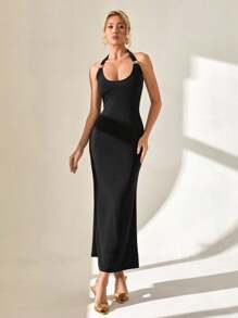 CLARA VERO Vestido largo negro, cuello halter, espalda abierta, elegante, para mujer, primavera, verano, dorado