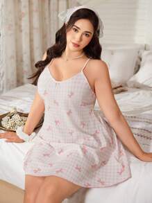 CottageSlumber 大码女式格子蝴蝶结印花吊带背心短款睡袍 - 粉色 - 查看 5