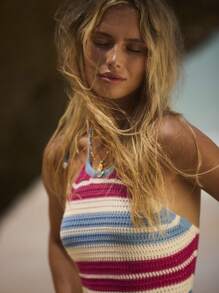Aralina Vestido de playa corto con escote halter de ganchillo a rayas, flecos en el bajo y cuentas, espalda descubierta - Multicolor - Ver 5